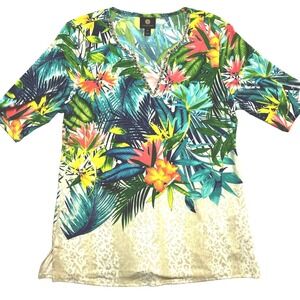 JM Collection Shirt Womens Medium Ivory Short Sleeve Floral Top Studded